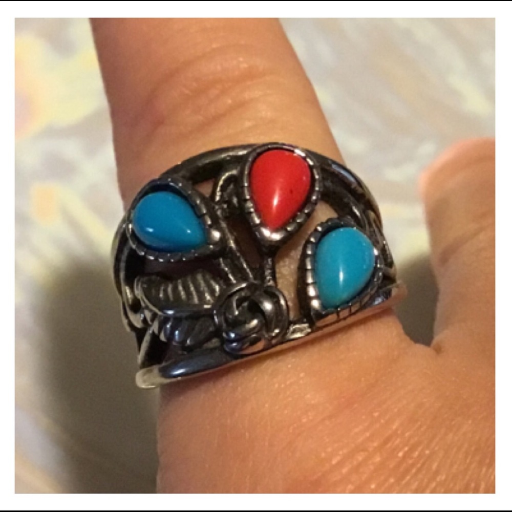 Turquoise Red Stainless Steel Ring